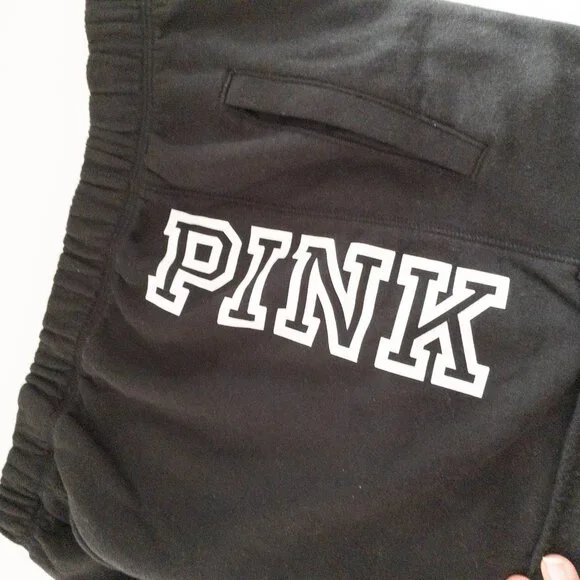Victorias Secret Pink Black Fleece Shorts With White Logo Elastic Waistband S - Picture 6 of 12